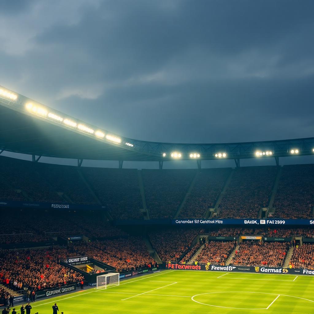 สนามฟุตบอลเยอรมันแน่นขนัดด้วยแฟนบอลในสีดำ-แดง-ทอง บรรยากาศเกมกลางคืน ไฟสปอตไลท์สาดส่อง