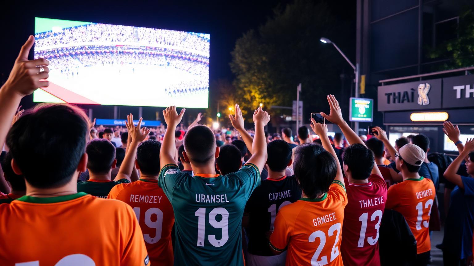 แฟนบอลไทยเฉลิมฉลองดูบอลโลกบนจอใหญ่กลางคืน บรรยากาศปาร์ตี้ริมถนน