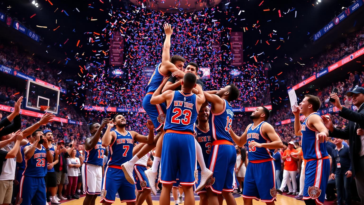 นักเตะ New York Knicks ในเสื้อสีน้ำเงิน-ส้มฉลองการพลิกกลับที่ยิ่งใหญ่ที่สุดในประวัติศาสตร์ NBA Finals ที่ Madison Square Garden