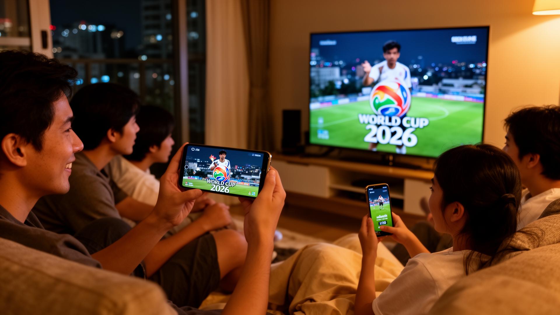 แฟนบอลไทยดูฟุตบอลโลก 2026 บนทีวีและสมาร์ตโฟนในกรุงเทพยามค่ำคืน