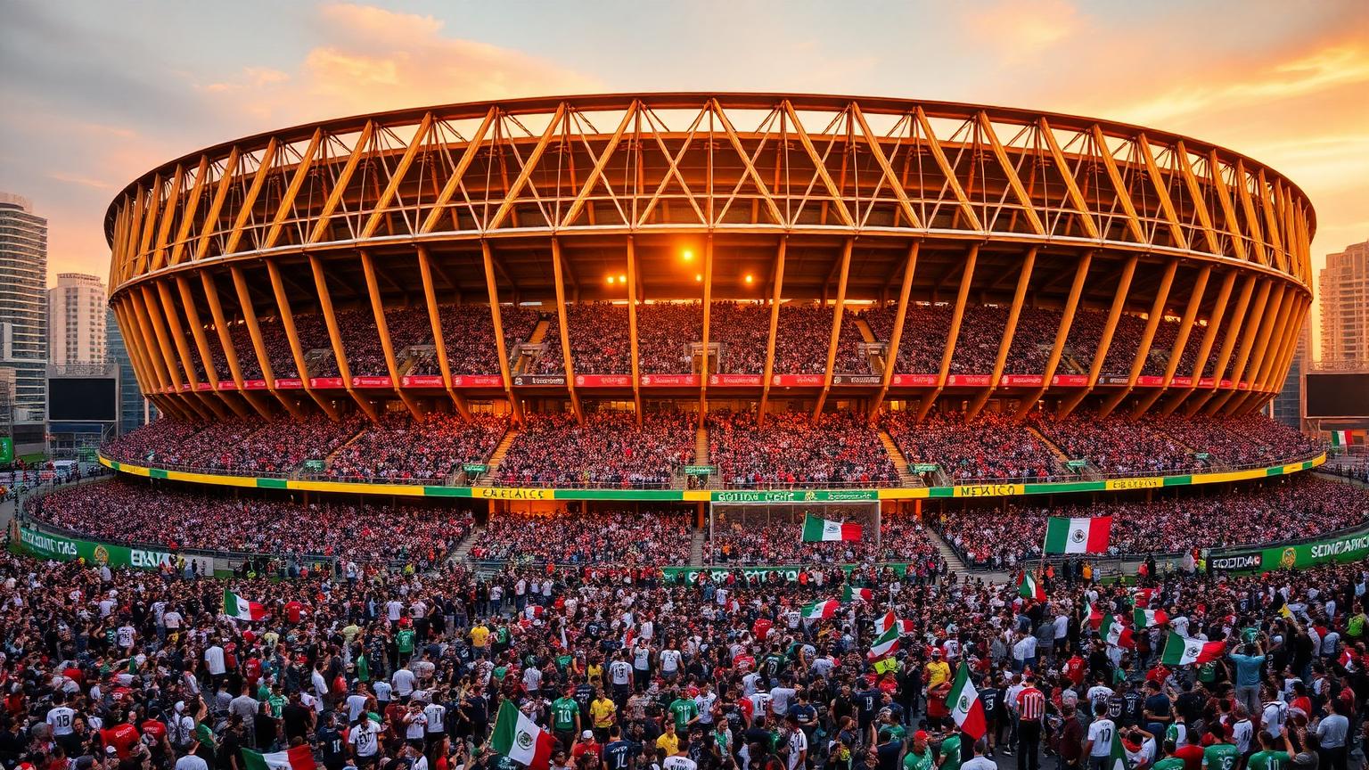 Estadio Azteca กรุงเม็กซิโกซิตี้ในช่วงเย็นก่อนพิธีเปิดบอลโลก 2026 แฟนบอลรวมตัวกันมากมายโบกธงเม็กซิโก